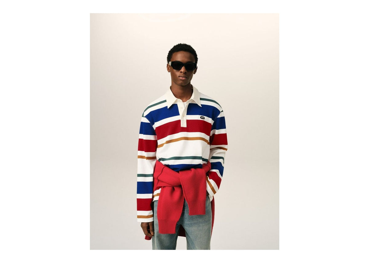 Ami Paris Striped Cotton Polo with Ami Patch White/Blue/Red