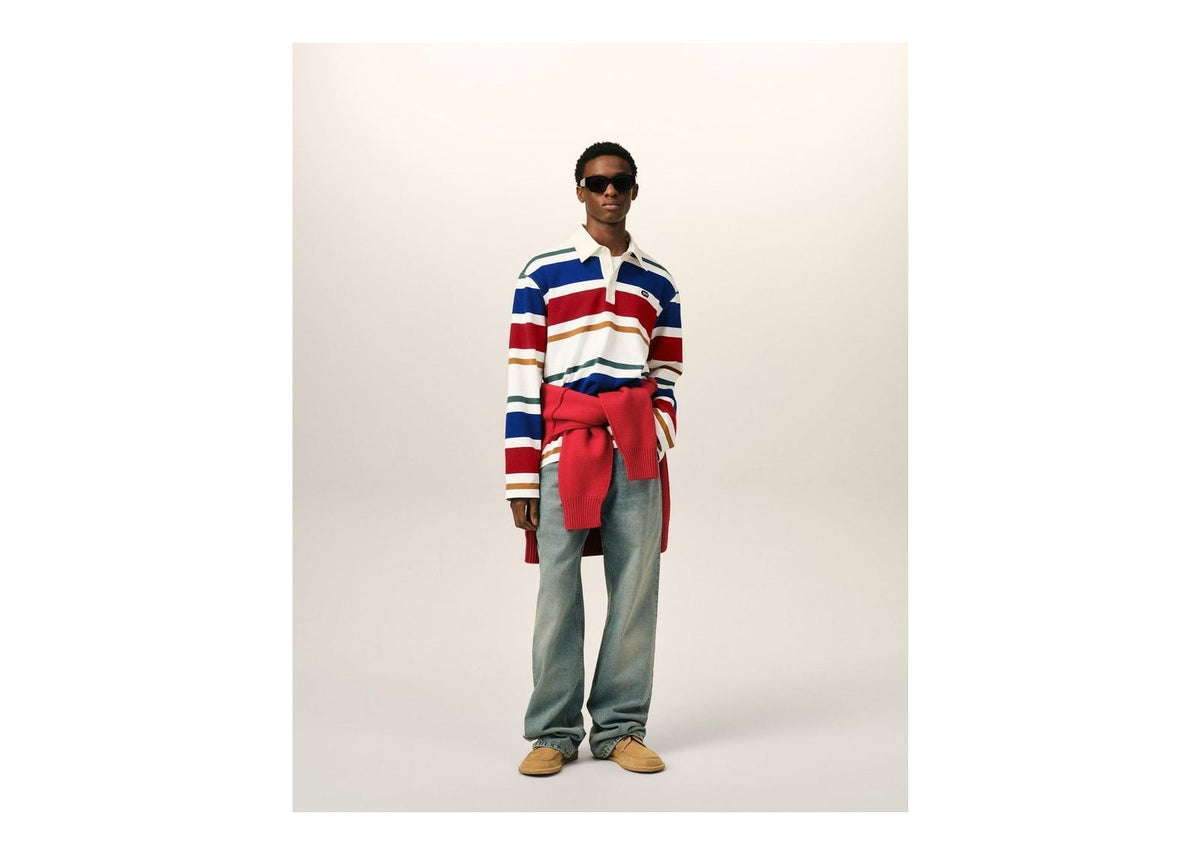 Ami Paris Striped Cotton Polo with Ami Patch White/Blue/Red