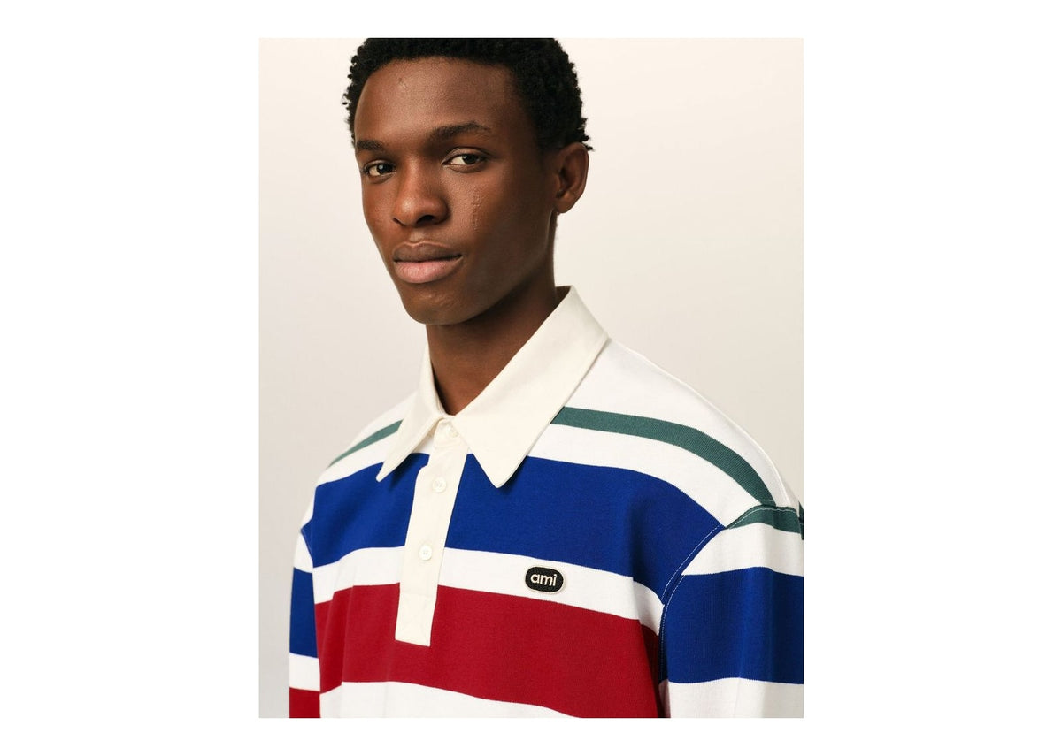 Ami Paris Striped Cotton Polo with Ami Patch White/Blue/Red
