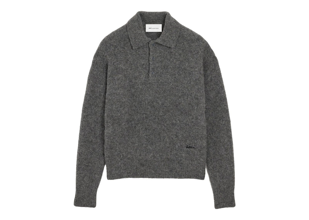 Ami Paris Wool and Alpaca Polo with Ami Embroidery Carbon Grey