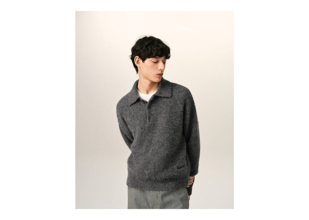 Ami Paris Wool and Alpaca Polo with Ami Embroidery Carbon Grey