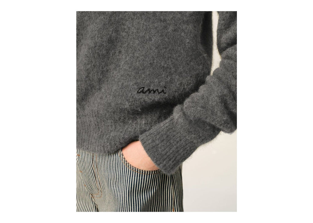 Ami Paris Wool and Alpaca Polo with Ami Embroidery Carbon Grey