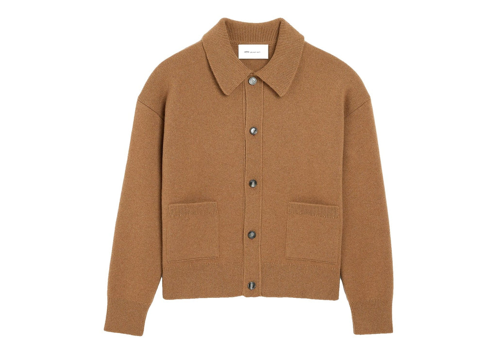 Ami Paris Wool Shirt Collar Cardigan Camel
