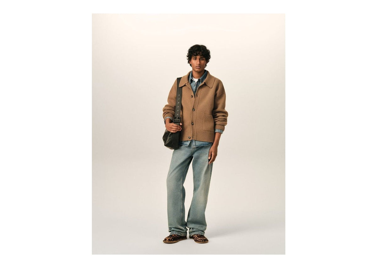 Ami Paris Wool Shirt Collar Cardigan Camel