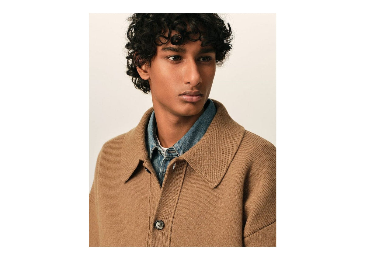 Ami Paris Wool Shirt Collar Cardigan Camel