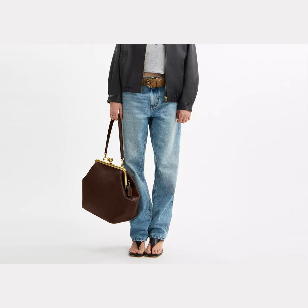 Coach Large Kisslock Frame Bag Brass/Dark Brown