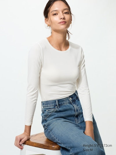 UNIQLO Women's HEATTECH Crew Neck T-Shirt (Long Sleeve) - 00 WHITE