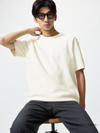 UNIQLO Unisex Washable Milano Ribbed Knitted T-Shirt - 01 OFF WHITE