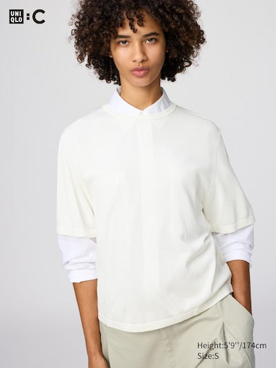 UNIQLO Women's Boxy Knit T-Shirt - 01 OFF WHITE