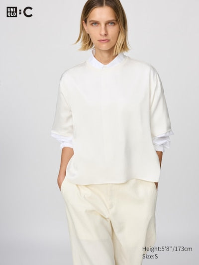 UNIQLO Women's Satin Oversized Short Blouse (Half Sleeve) - 01 OFF WHITE
