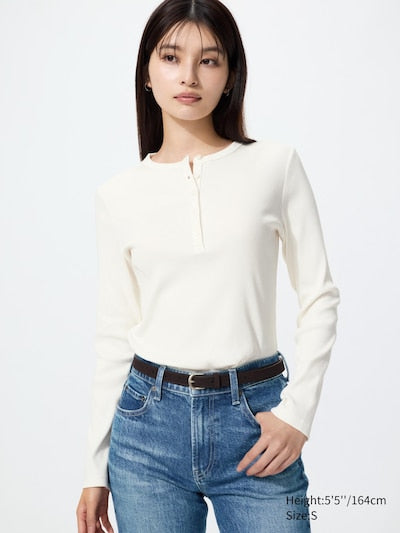 UNIQLO Ribbed Henley Neck Long Sleeve T-Shirt - 01 OFF WHITE