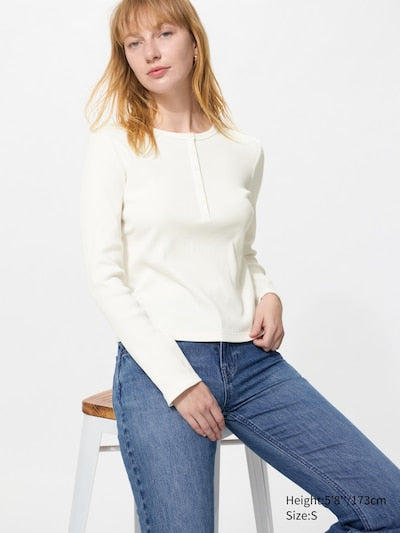 UNIQLO Unisex Ribbed Henley Neck Long Sleeve T-Shirt - 01 OFF WHITE