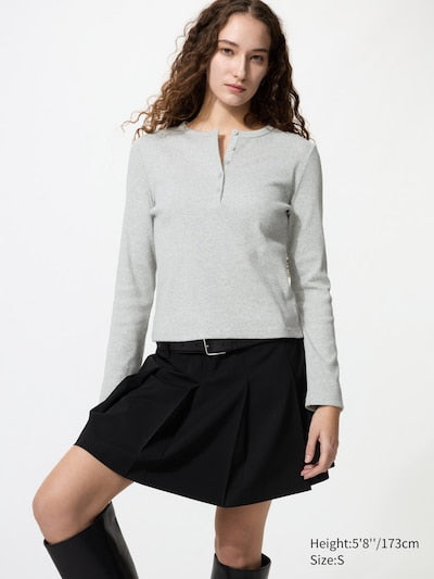 UNIQLO Unisex Ribbed Henley Neck Long Sleeve T-Shirt - 02 LIGHT GREY