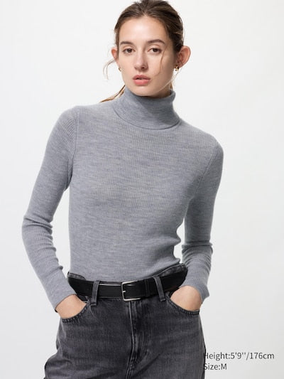 UNIQLO Women's 100% Merino Ribbed Turtleneck Jumper - 03 GREY