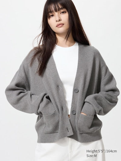 UNIQLO Women's Smooth Cotton V Neck Cardigan - 03 GREY