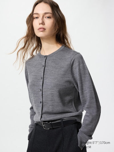 UNIQLO Women's 100% Merino Crew Neck Cardigan - 05 GREY