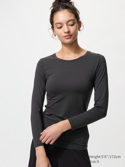 UNIQLO Women's HEATTECH Crew Neck T-Shirt (Long Sleeve) - 08 DARK GREY