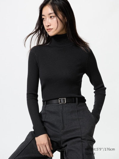 UNIQLO Women's 100% Merino Ribbed Turtleneck Jumper - 09 BLACK