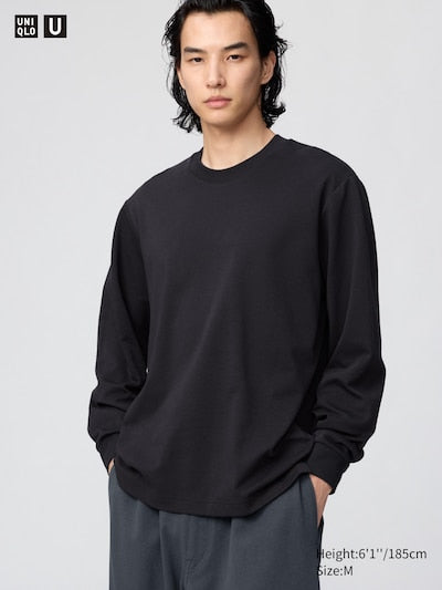 UNIQLO Unisex AIRism Cotton Crew Neck T-Shirt (Long Sleeve) - 09 BLACK