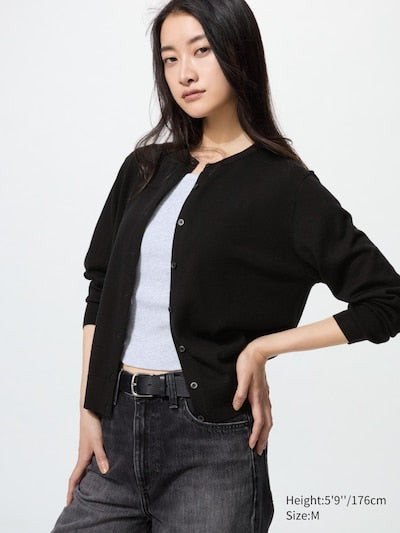 UNIQLO Women's 100% Merino Crew Neck Cardigan - 09 BLACK