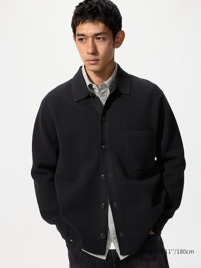UNIQLO Unisex Milano Ribbed Shirt Collar Cardigan - 09 BLACK
