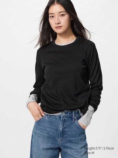 UNIQLO Women's Smooth Stretch Cotton T-Shirt (Long Sleeve) - 09 BLACK