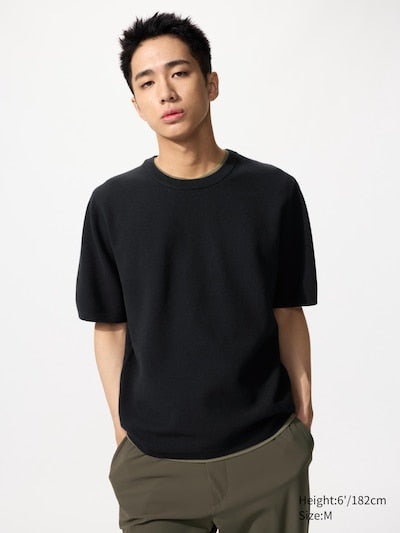 UNIQLO Unisex Washable Milano Ribbed Knitted T-Shirt - 09 BLACK