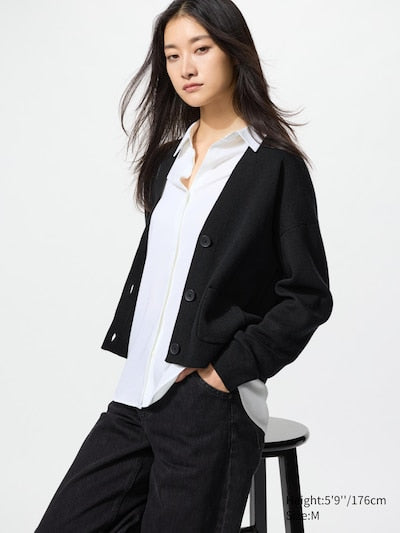 UNIQLO Women's Smooth Cotton V Neck Cardigan - 09 BLACK