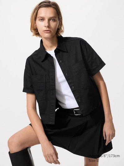 UNIQLO Women's Denim Boxy Shirt (Half Sleeve) - 09 BLACK