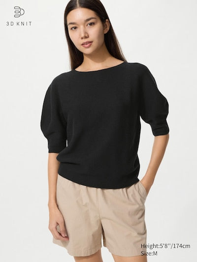 UNIQLO Women's 3D Knit Seamless Cotton Crew Neck Jumper (Short Sleeve) - 09 BLACK