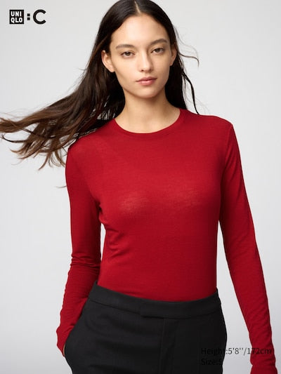 UNIQLO Women's HEATTECH Extra Warm Cashmere Blend Crew Neck T-Shirt - 14 RED