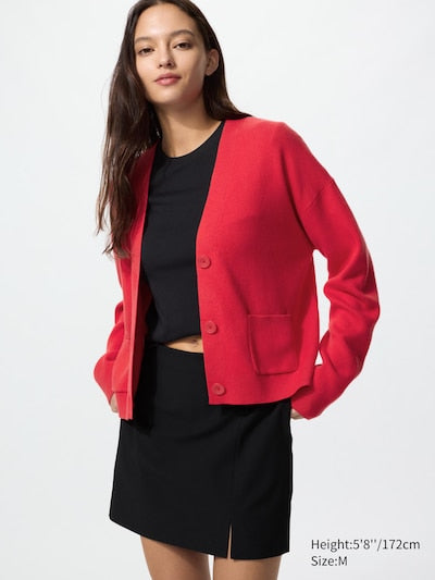 UNIQLO Women's Smooth Cotton V Neck Cardigan - 14 RED