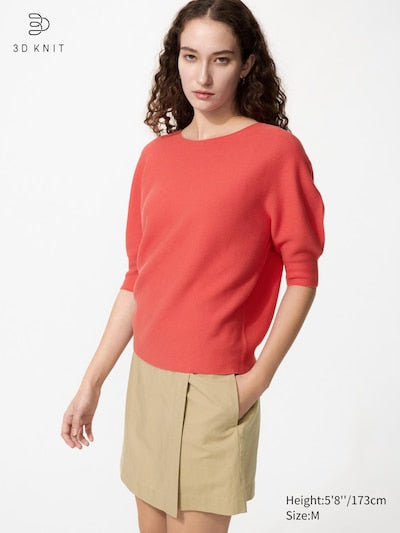 UNIQLO Women's 3D Knit Seamless Cotton Crew Neck Jumper (Short Sleeve) - 14 RED