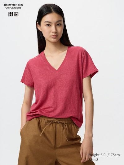 UNIQLO Women's 100% Linen V Neck T-Shirt - 16 RED