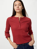UNIQLO Unisex Ribbed Henley Neck Long Sleeve T-Shirt - 17 RED