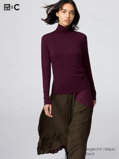 UNIQLO Women's HEATTECH Extra Warm Cashmere Blend Turtleneck T-Shirt - 18 WINE