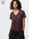 UNIQLO Women's 100% Linen V Neck T-Shirt - 19 WINE