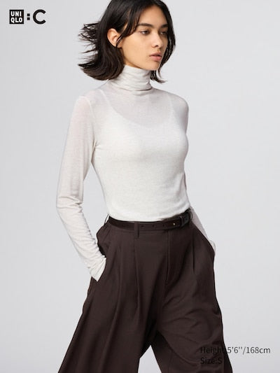 UNIQLO Women's HEATTECH Extra Warm Cashmere Blend Turtleneck T-Shirt - 30 NATURAL