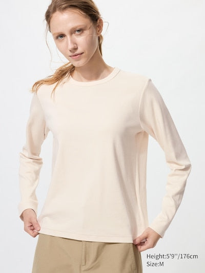 UNIQLO Women's Smooth Stretch Cotton T-Shirt (Long Sleeve) - 30 NATURAL