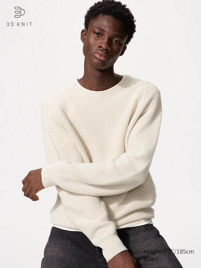 UNIQLO Unisex Washable 3D Knit Seamless Crew Neck Jumper - 30 NATURAL