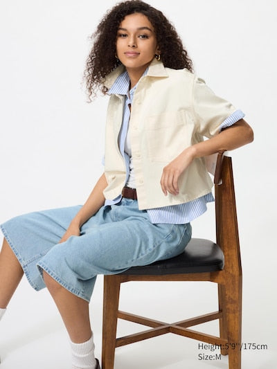 UNIQLO Women's Denim Boxy Shirt (Half Sleeve) - 30 NATURAL