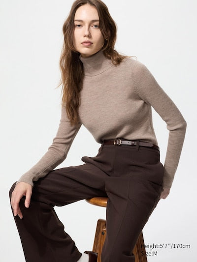 UNIQLO Women's 100% Merino Ribbed Turtleneck Jumper - 31 BEIGE