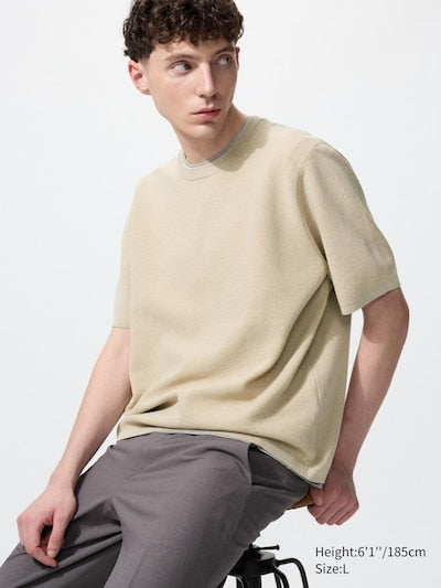 UNIQLO Unisex Washable Milano Ribbed Knitted T-Shirt - 31 BEIGE