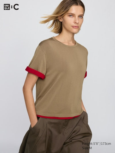 UNIQLO Women's Boxy Knit T-Shirt - 32 BEIGE