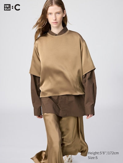 UNIQLO Women's Satin Oversized Short Blouse (Half Sleeve) - 32 BEIGE
