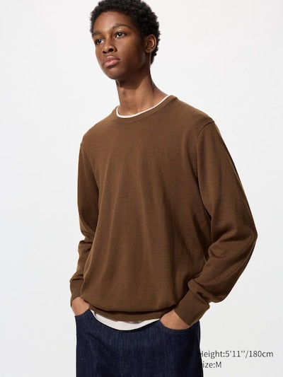 UNIQLO Men's 100% Merino Crew Neck Jumper - 36 BROWN