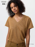 UNIQLO Women's 100% Linen V Neck T-Shirt - 37 BROWN