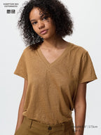 UNIQLO Women's 100% Linen V Neck T-Shirt - 37 BROWN