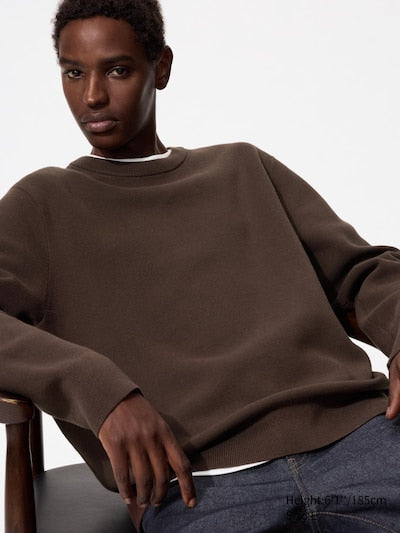 UNIQLO Unisex Washable Milano Ribbed Crew Neck Jumper - 38 DARK BROWN