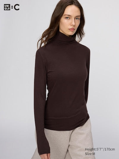 UNIQLO HEATTECH Extra Warm Cashmere Blend Turtleneck T-Shirt (Long Sleeve) - 38 DARK BROWN